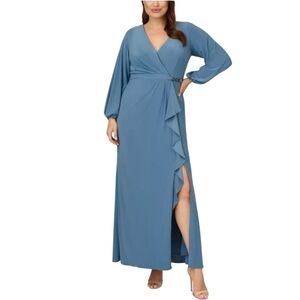 Adrianna Papell Blue Knit V Wrap Top Side Ruffle Slit Maxi Formal Dress NWT